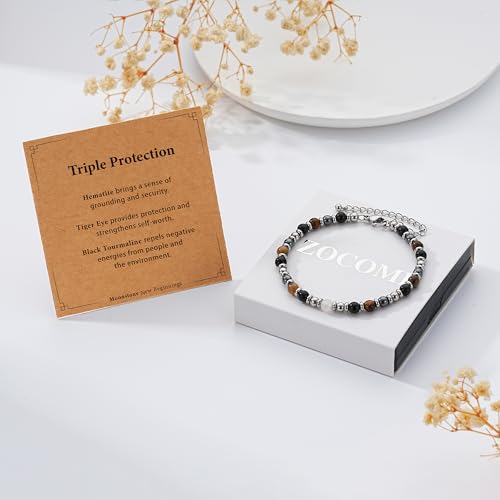 Zocomi Natural Healing Crystal Bracelet for Women, Anxiety Relief Triple Protection 7 Chakras Jewelry Gift for Friends Daughter Mom 6.5+2 Inches - color: Triple Protection