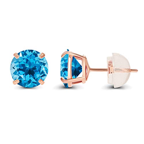 Solid 14K Yellow or White or Rose Gold 6mm Round Genuine Birthstone Gemstone Prong Set Stud Earrings For Women - color: Blue Topaz-Swiss Blue Topaz