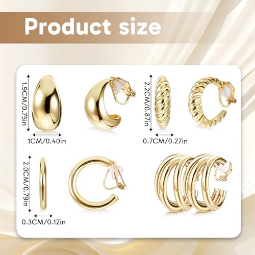 4 Pairs Gold Clip On Earrings, Non-Pierced Lightweight Hoops for Women, Comfortable for Daily & Party Wear