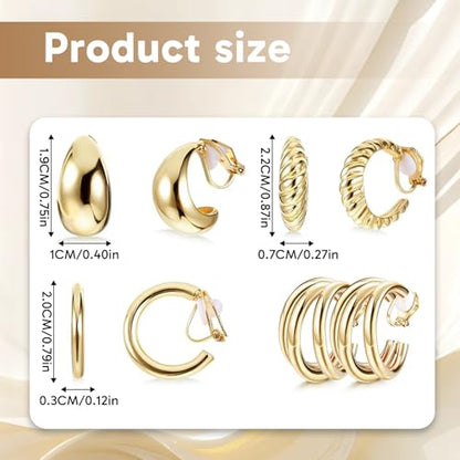4 Pairs Gold Clip On Earrings, Non-Pierced Lightweight Hoops for Women, Comfortable for Daily & Party Wear