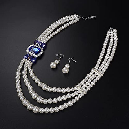 Aimimier 1920s 3-layered White Faux Pearl Necklace and Earrings Set with Crystal and Rhinestone Bridal Long Pearl Necklace Statement Women Jewelry - color: Royal blue