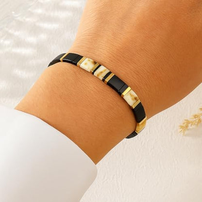 Candy Colorful Tila Flat Beads Bracelets for Women Trendy Unique Friendship Handmade Stackable Christmas Jewelry Gifts - color: black