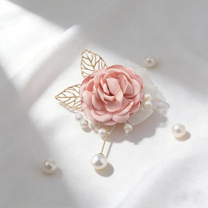 Handmade Elegant Red Rose Flower Brooch Pin for Women Crystal Pearl Fabric Flower Lapel Pin Dress Suit Accessories - color: Pink B