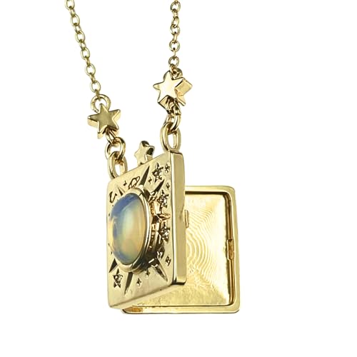 Personalized Color Print Photo Locket Custom Text Engraved Pendant Gold Tone Opal Star Moon Charm Necklace Gift - style: 1 Text (Gold-tone)