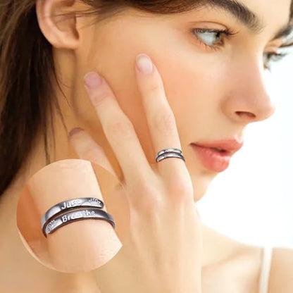Ladytree Adjustable Inspirational Rings 925 Sterling Silver Stacking Wrap Spiral Twist Statement Band Encouragement Birthday Gift for Women Men - style: just breathe black