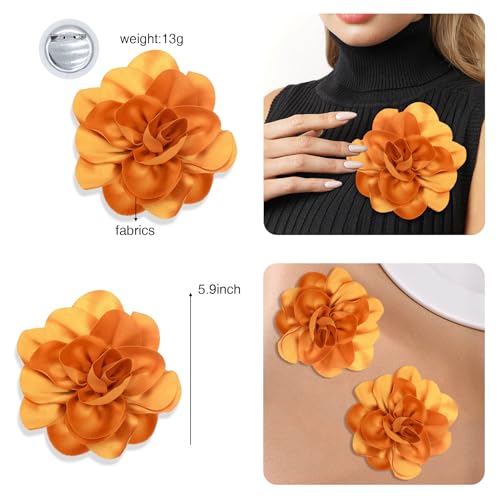 2Pack 6inch Extra Large Satin Brooches Lapel Pins Dainty Elegant Fabric Camellia Rose Flower Brooch Pin for Women Wedding Part Dance Clothes Accessories Jewelry - color: Yellow