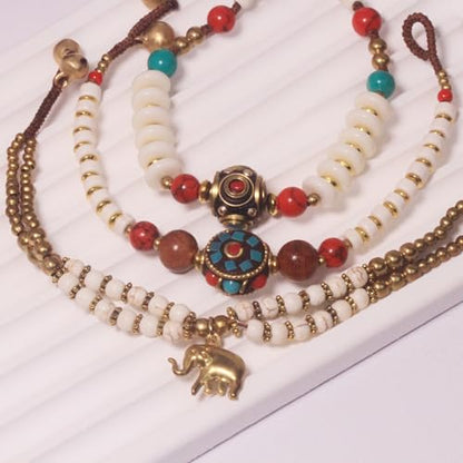 Petite Adjustable Boho Bracelet for Small Wrists 6-7.5 Inch - Handmade Nepalese Buddhist Prayer Bracelet with Elephant Charm, Brass Bell, Turquoise Stone & Tibetan Mantra Beads, Spiritual Lucky Gift - color: White-3Pcs