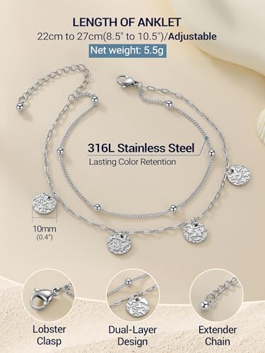PROSTEEL Ankle Bracelets for Women Waterproof, Layered Stainless Steel Summer Beach anklets, Silver/Gold 8-10.5 Inch Adjustable, Come with Box - color: Silver, size: Ball Station & Paperclip