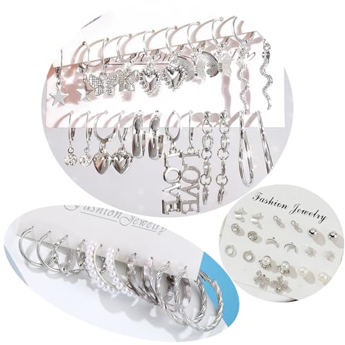 IFKM 24 Pairs Gold Hoop Earrings Set for Women Hypoallergenic Chunky Chain Twisted Open Hoops Dangle Earring Packs for Birthday Party Christmas Fashion Jewelry Gift - color: 26 Pairs Silver Cute