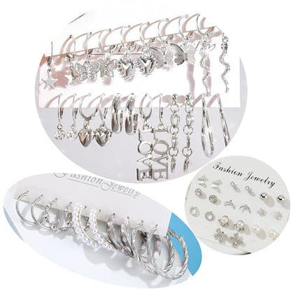 IFKM 24 Pairs Gold Hoop Earrings Set for Women Hypoallergenic Chunky Chain Twisted Open Hoops Dangle Earring Packs for Birthday Party Christmas Fashion Jewelry Gift - color: 26 Pairs Silver Cute