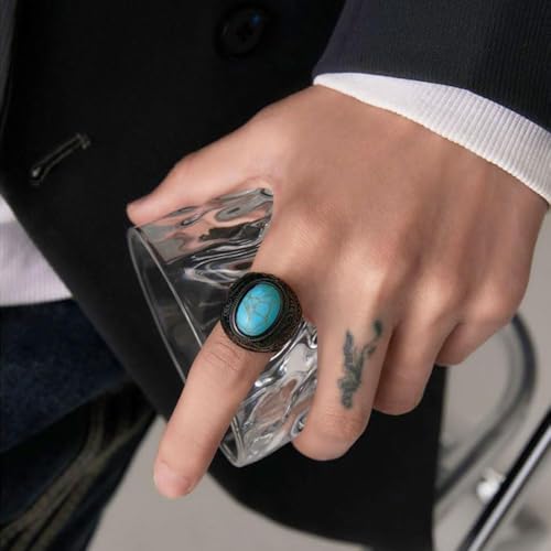 Retro Large Tiger Eye Stone Turquoise Wedding Ring For Men Classical Gothic Stainless Steel Rings - color: Black-Turquoise2