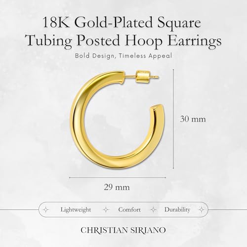 18K Gold Plated Sterling Silver Earrings for Women – Pure & Polished, Twist, Square, Hinged Tube, Abstract & Heart Shape Hoops – Lightweight, Hypoallergenic, Non-Tarnish Jewelry (Sizes: 3x35mm-46x30mm) - color: Gold, size: Square Tubing Hoop (4x40mm)