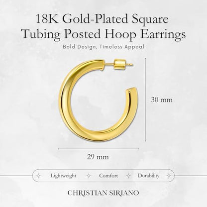 18K Gold Plated Sterling Silver Earrings for Women – Pure & Polished, Twist, Square, Hinged Tube, Abstract & Heart Shape Hoops – Lightweight, Hypoallergenic, Non-Tarnish Jewelry (Sizes: 3x35mm-46x30mm) - color: Gold, size: Square Tubing Hoop (4x40mm)