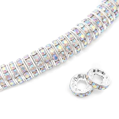 100pcs Large Hole Rhinestone Spacer Beads 10mm Silver Plated Czech Crystal Rhinestone for DIY Jewelry Making Charms Bracelet (AB Crystal) - color: AB Crystal