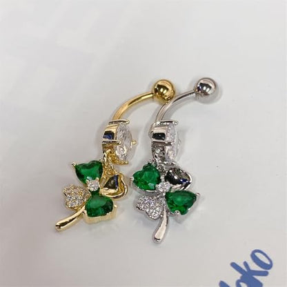 CZ Four Leaf Clove Belly Button Rings for Women Stainless Steel Green Crystal Belly Dangle Navel Piercing Barbell Studs Rings ST Patricks Day Irish Piercing Jewelry - color: Silver