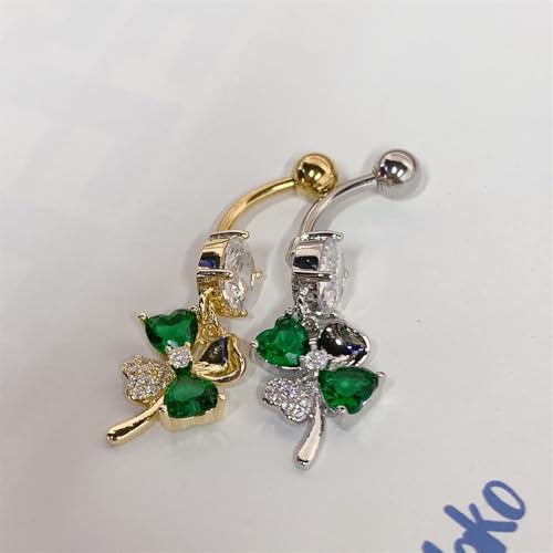 CZ Four Leaf Clove Belly Button Rings for Women Stainless Steel Green Crystal Belly Dangle Navel Piercing Barbell Studs Rings ST Patricks Day Irish Piercing Jewelry - color: Gold