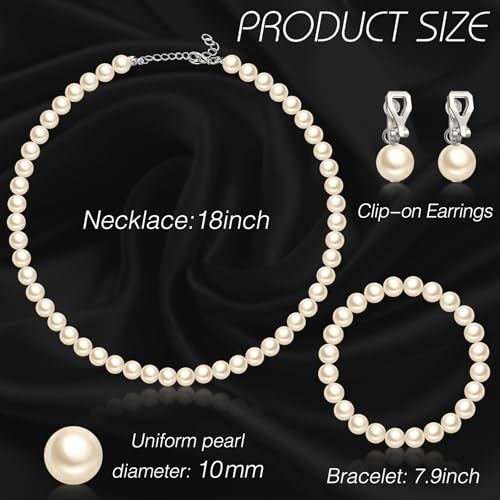 3 Pcs Pearl Jewelry Set Faux Pearl Clip on Earring Necklace Bracelet for Women Bridesmaid Birthday Wedding Gift - color: Beige, size: 10 mm