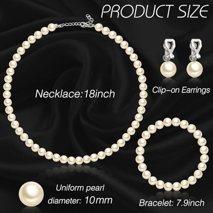 3 Pcs Pearl Jewelry Set Faux Pearl Clip on Earring Necklace Bracelet for Women Bridesmaid Birthday Wedding Gift - color: Beige, size: 10 mm