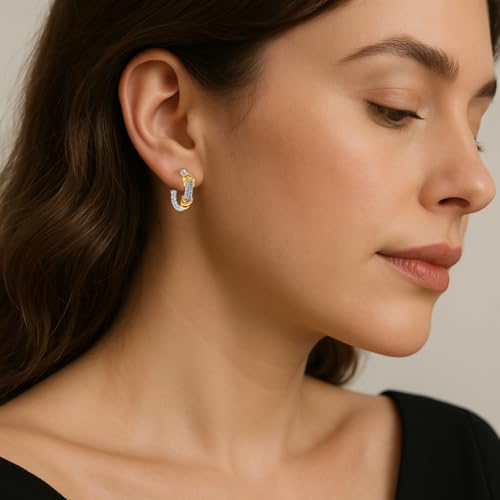LeCalla Real 925 Sterling Silver C Hoop Earrings | Lightweight Small Hoops Italian Half Earring Hoops for Women - color: Twined Two-Tone-20mm
