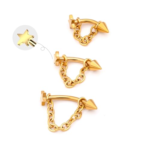 3 Pcs 316L Stainless Steel 16G Tragus Helix Rook Piercing Jewelry with Chain, Cartilage Earrings for Women, Belly Button Ring Vertical Labret Lip Piercing Jewelry - color: Gold, size: Star