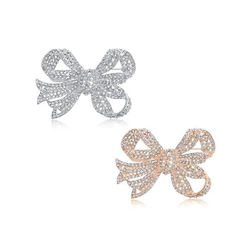 Bling Jewelry Victorian Vintage Style Winter Wedding Holiday Royal Blue White Glittering Crystal Pave Bridal Fashion Large Statement Filigree Ribbon Bow Scarf Brooch Pin For Women Silver Rose Plated - color: Rose Set