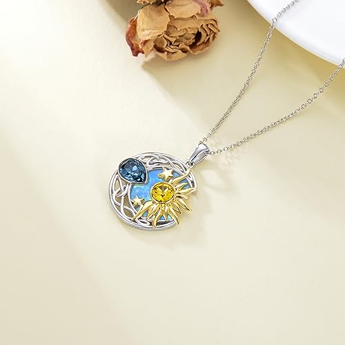 AOBOCO 925 Sterling Silver Moon Sun Star Necklace Celtic Jewelry for Women Girls - color: Silver&Gold&Light Blue Opal