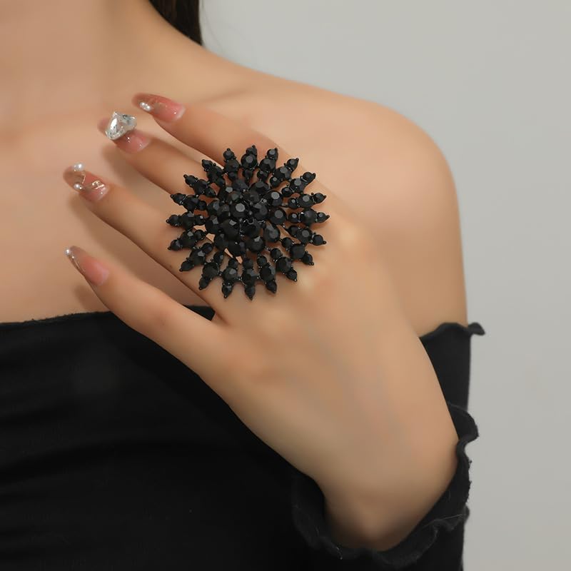 Elegant Big Crystal Ring for Women Gold Stacking Pearl Rhinestone Flower Rings Open Finger Adjustable Crystal Statement Ring Jewelry for Bridal Wedding - color: Crystal 2-black