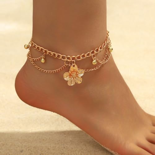 Flower Tassel Charm Anklet for Women Layered Boho Floral Ankle Chain Bracelet Adjustable Summer Beach Jewelry Foot Accessories - color: Gold