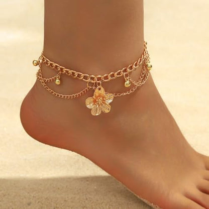 Flower Tassel Charm Anklet for Women Layered Boho Floral Ankle Chain Bracelet Adjustable Summer Beach Jewelry Foot Accessories - color: Gold