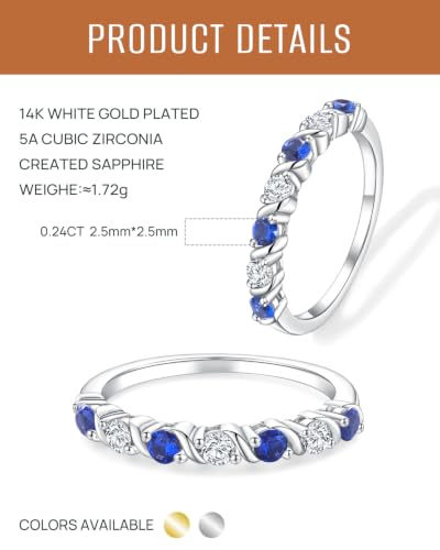 Stackable Half Eternity Rings for Women 14K Gold Plated Wedding Band | Cubic Zirconia/Emearld/Ruby/Sapphire 2.5mm Thin Promise Ring for Mom Wife friends - color: CZ/Sapphire