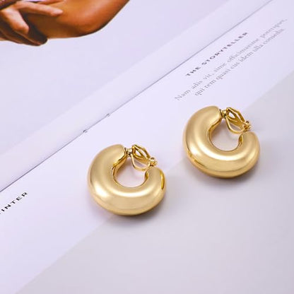 Gold Metal Clip On Earrings for Women Non Pierced Dangle Drop Earrings Multiple Styles - color: gold hoop A