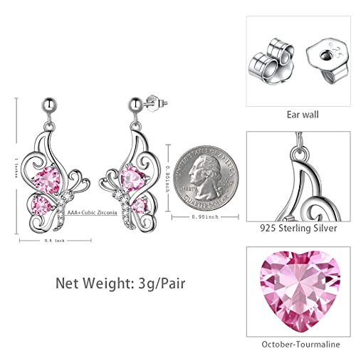 Butterfly Heart Necklace Birthstone Pendant Necklace Earrings Bracelet Women 925 Sterling Silver Animal Butterflies Birthstone Pendant Crystal Birthday Jewelry Wedding Gift - color: J.October-earrings