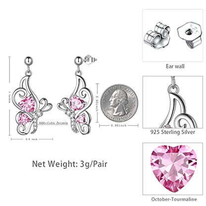 Butterfly Heart Necklace Birthstone Pendant Necklace Earrings Bracelet Women 925 Sterling Silver Animal Butterflies Birthstone Pendant Crystal Birthday Jewelry Wedding Gift - color: J.October-earrings