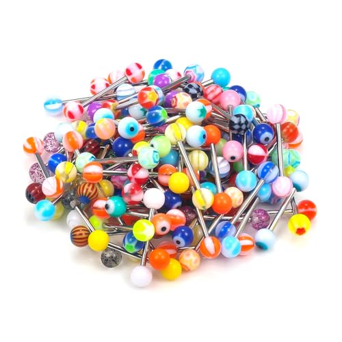 14G 100Pcs Colorful Ball Surgical Steel and Bioflex Flexible Acrylic Nipple Tongue Rings Piercing Jewelry 14 Gauge Straight Barbell Tongue Nipple Ring Piercing Jewelry Retainer For Women Men - size: 14G-16MM Surgical Steel Bar