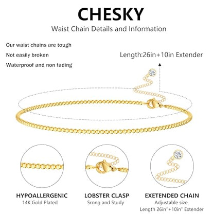 CHESKY Waist Beads for Women, Dainty 14k Gold Plated Waist Chain Beach Accessories Cute Belly Chain Body Chain Gold Chain Belts for Women Summer Beach Jewelry for Womens Gifts Rave Outfits for Womens - style: Beads
