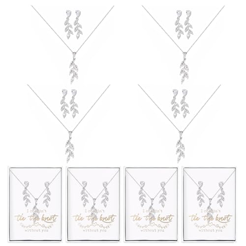 DHQH Bridesmaid Necklace Earrings Set Gifts I Couldn't Say I DO Without You Cubic Zirconia Leaf Pendant Necklace Bridesmaid Proposal Gift Set of 4 6 - color: white-leaf-4set