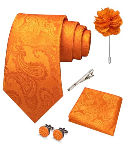 JEMYGINS Mens Paisley Tie and Pocket Square,Lapel Pin,Cufflinks,Tie Clip Sets with Gift Box 5PCS - color: Orange