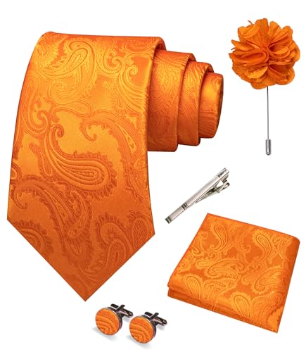 JEMYGINS Mens Paisley Tie and Pocket Square,Lapel Pin,Cufflinks,Tie Clip Sets with Gift Box 5PCS - color: Orange