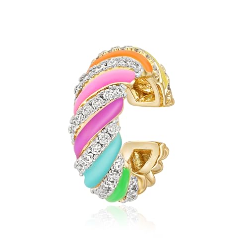 Rainbow Candy Ear Cuff for Women, Non Piercing Single | 14K Gold Plated Brass, Multicolor Cubic Zirconia, 0.4 in Inner Diameter, Fixed 3.8-3.9 mm Opening