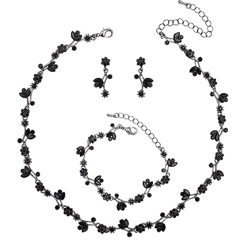 Elegant Brides Austrian Crystal Flower Choker Necklace Drop Dangle Earring Bracelet Wedding Jewelry Set for Bridesmaid Prom Costume Jewelry Set for Women - color: Black-Jet