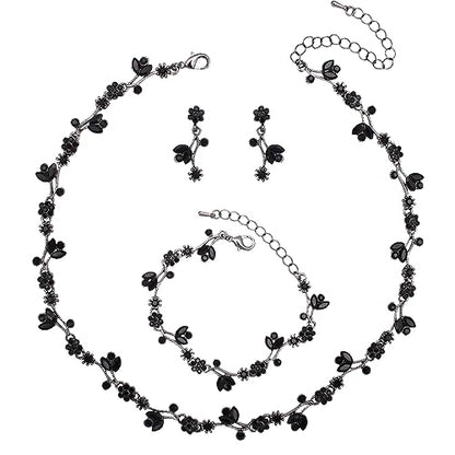 Elegant Brides Austrian Crystal Flower Choker Necklace Drop Dangle Earring Bracelet Wedding Jewelry Set for Bridesmaid Prom Costume Jewelry Set for Women - color: Black-Jet