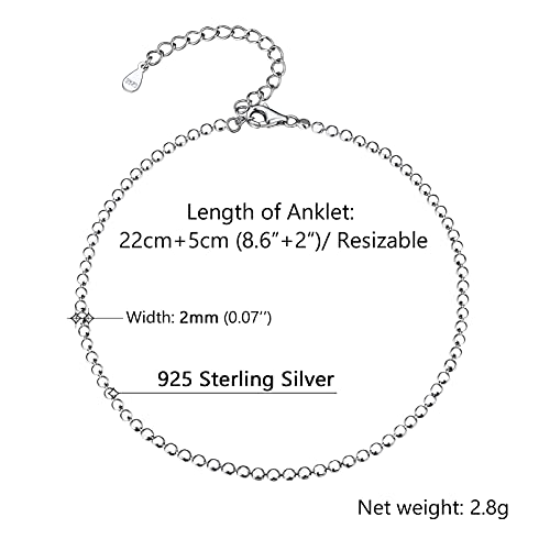 PROSILVER 925 Sterling Silver Ankle Bracelets For Women, Stylish Chain Anklets, Summer Beach Jewelry, 8.6-10.6 Inch Adjustable, Come with Box - style: 06 Beaded Anklet-2mm
