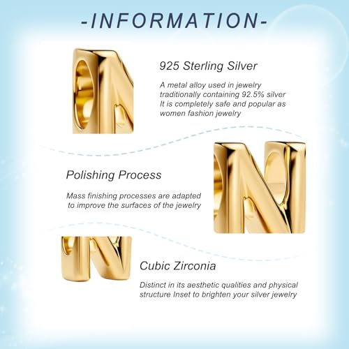 Gold Letter Charms A-Z for Bracelets 925 Sterling Silver Alphabet Initial Charms Beads Jewelry Gifts for Women - color: N