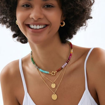 Gemstone Beaded Necklace for Women Colorful Natural Stone Freshwater Pearl Surfer Beach Rainbow Necklace Jewelry Gift - color: Colorful