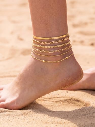 14K Gold/Silver Plated Anklets for Women Layered Anklet Set | Non Tarnish Waterproof Brass Ankle Bracelet, Adjustable Lightweight Dainty Hypoallergenic Chain, Beach Vacation Summer Gift - style: Style4