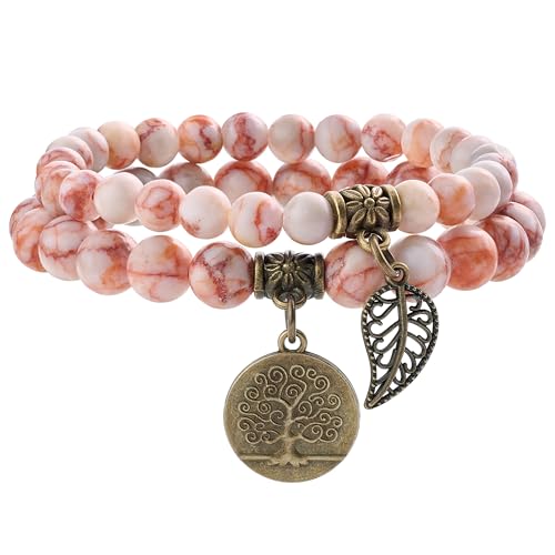 Bivei Natural Semi Precious Gemstone beads bracelet for women - Life Tree and Leaf Charm Energy Reiki Crystal Stretch Bracelets - color: Red Vein Jasper Bracelet Set, size: Medium:6.8-7.24inch
