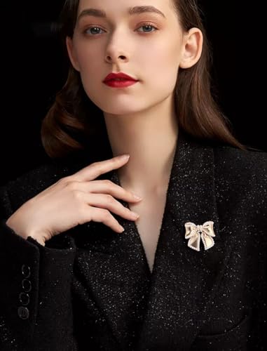 14k Golden Plated Bow Knot Lapel Brooch Pin Cultured Pearl Ribbon Bow Pins Clip Sweater Dress Suit Clothes Accessories Brooches Pins Fashion Christmas Birthday Jewelry Gifts for Women Girls Decor