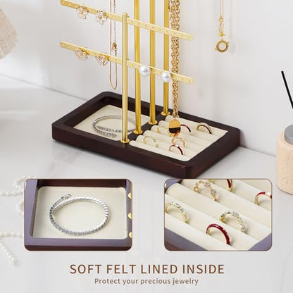 modern T-shaped jewelry rack, jewelry tower, gold metal, square ceramic base decoration display tower, necklace, bracelet, ring storage rack (3-layer wooden pallet black) - style: 3-layer wooden pallet black