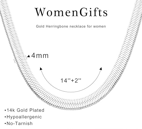 WomenGifts 14K Gold Silver Plated Herringbone Necklace for Women, Dainty Snake Chain Choker, Trendy Simple Long Layered Jewelry Non Tarnish, 3/4/5/8mm,14,16,18,20,22,24,26 Inch Thin & Chunky Options - color: Silver, style: 4mm-14inch