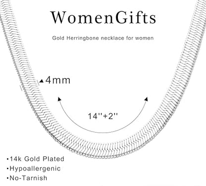 WomenGifts 14K Gold Silver Plated Herringbone Necklace for Women, Dainty Snake Chain Choker, Trendy Simple Long Layered Jewelry Non Tarnish, 3/4/5/8mm,14,16,18,20,22,24,26 Inch Thin & Chunky Options - color: Silver, style: 4mm-14inch